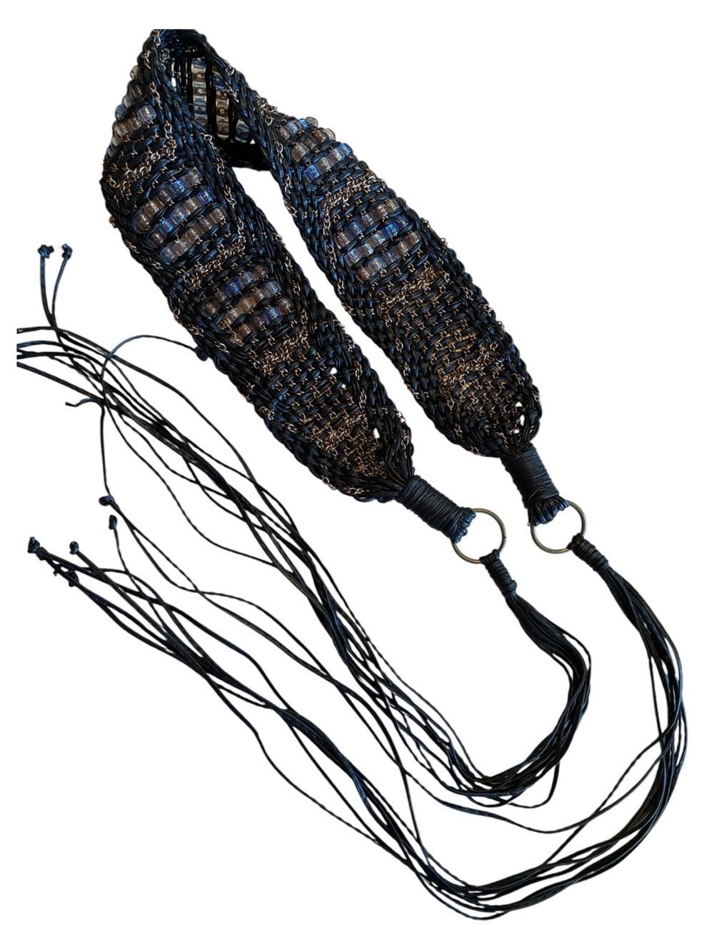 Braided leather belt, women's OS, black with beads and copper chains, long tails